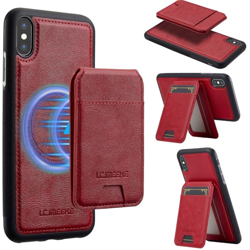 Handymode Kompatibel mit iPhone XS Max Max Phone magnetische Hülle mit Kartenhalter, [kompatibel mit ] RFID-blockierender Schutz, stoßfeste Leder-Magnetverschluss-Kickstand-Schutzhülle Handyhülle(Red) von JHDFUB