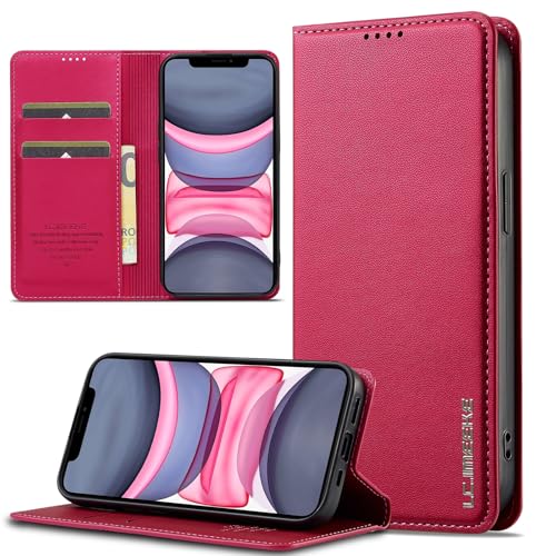 JHDFUB Handymode Kompatibel mit iPhone 12 Wallet Case, mit Kreditkartenhalter, PU-Kunstlederhülle mit Standfunktion, Magnetverschluss, Rundumschutz, stoßfeste Schutzhülle Handyhülle(Red) von JHDFUB