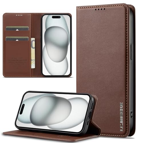 JHDFUB Handymode Kompatibel mit iPhone 14 Plus Wallet Case, mit Kreditkartenhalter, PU-Kunstlederhülle mit Standfunktion, Magnetverschluss, Rundumschutz, stoßfeste Schutzhülle Handyhülle(Dack Brown) von JHDFUB