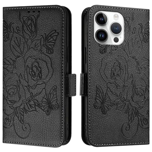 JHDFUB Handyzubehör Kompatibel mit iPhone 14 Pro Max Hülle,Brieftaschenhülle Schlanke PU-Leder-Telefon-Flip-Folio-Hülle,Stoßfeste Schutzhülle mit Kartenhaltern+Handschlaufe Handyhülle(Black) von JHDFUB