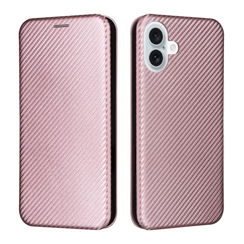 JHDFUB Handyzubehör Kompatibel mit iPhone 16 Plus Hülle, Schlanke Carbonfaser-Texturen + PC-Hybridhülle Voller Schutz Stoßfeste Klapphülle Kompatibel mit iPhone 16 Plus Handyhülle(Pink) von JHDFUB