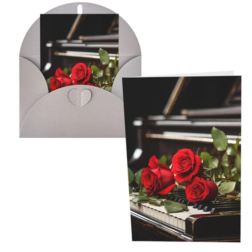 JHLMN Grußkarten Dankeskarten mit Umschlägen Happy Birthday Karte Rote Rose auf Klavier Weihnachten Grußkarten 10,2 x 15,2 cm Hochzeitskarte Blanko Notizkarten für Party Alle Anlässe von JHLMN