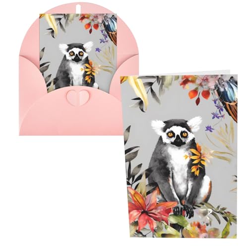 JHLMN Grußkarten Dankeskarten mit Umschlägen Happy Birthday Karte Tiere Lemur Blumen Muster Weihnachten Grußkarten 10,2 x 15,2 cm Hochzeitskarte Blanko Notizkarten für Party Alle Anlässe von JHLMN