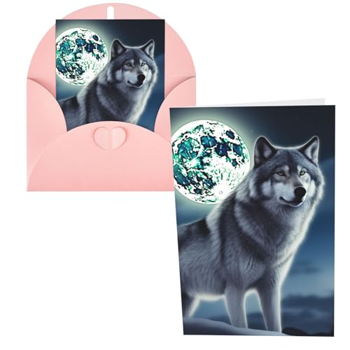 JHLMN Grußkarten Dankeskarten mit Umschlägen Happy Birthday Karte Wolf unter Mond Weihnachten Grußkarten 10,2 x 15,2 cm Hochzeitskarte Blanko Notizkarten für Party Alle Anlässe von JHLMN