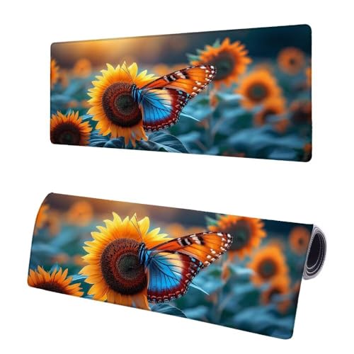 Gaming Mauspad XXL 1200x600x3mm, Schmetterling Mousepad Groß, Mauspad Sonnenblume mit Vernähte Kanten, WassXerdicht Anti-Rutsch Schreibtisch Unterlegmatte, Verbessert Präzision und Geschwindigkeit P-8 von JIAGUANG