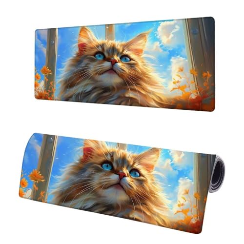 Gaming Mauspad XXL 1400x600x3mm, Katze Mousepad Groß, Mauspad Fenster mit Vernähte Kanten, WassXerdicht Anti-Rutsch Mouse Pad Schreibtisch Unterlegmatte, Verbessert Präzision und Geschwindigkeit P-3 von JIAGUANG