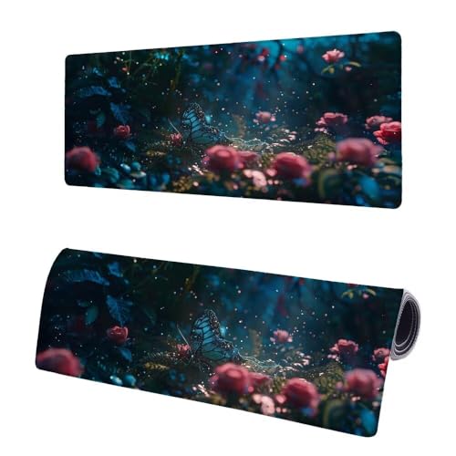 Gaming Mauspad XXL 1400x600x3mm, Rose Mousepad Groß, Mauspad Schmetterling mit Vernähte Kanten, Multifunktionales Anti-Rutsch Schreibtisch Unterlegmatte, Verbessert Präzision und Geschwindigkeit K-5 von JIAGUANG