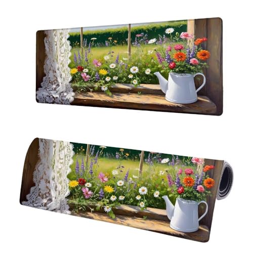 Mauspad XXL 1000x500x3mm, Große Fenster Mousepad Schreibtischunterlage, Gaming Mauspad Gänseblümchen, rutschfeste Gummibasis Tischunterlage Schreibtisch, Mouse Pad mit Vernähten Kanten Für Home H-9 von JIAGUANG