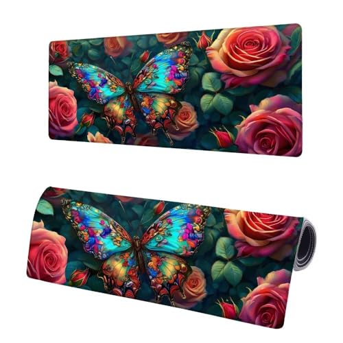 Mauspad XXL 1000x500x3mm, Große Schmetterling Mousepad Schreibtischunterlage, Gaming Mauspad Rose, rutschfeste Gummibasis Tischunterlage Schreibtisch, Mouse Pad mit Vernähten Kanten Für Home K-5 von JIAGUANG