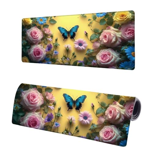 Mauspad XXL 1200x600x3mm, Große Schmetterling Mousepad Schreibtischunterlage, Gaming Mauspad Rose, rutschfeste Gummibasis Tischunterlage Schreibtisch, Mouse Pad mit Vernähten Kanten Für Home F-1 von JIAGUANG