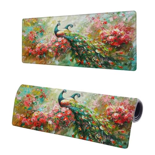 Mauspad XXL 1400x600x3mm, Große Blume Mousepad Schreibtischunterlage, Gaming Mauspad Pfau, Erweiterter rutschfeste Gummibasis Tischunterlage Schreibtisch, Mouse Pad mit Vernähten Kanten Für Home C-4 von JIAGUANG