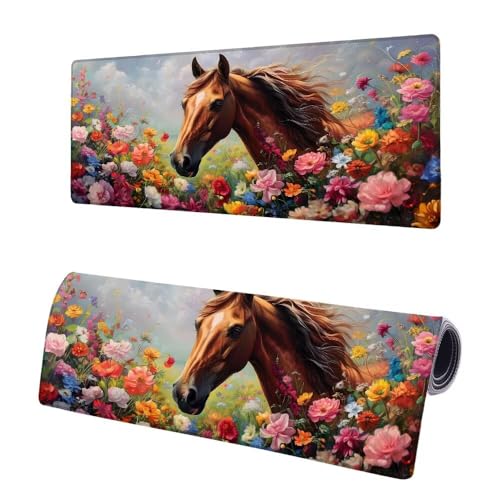 Mauspad XXL 1400x600x3mm, Große Blume Mousepad Schreibtischunterlage, Gaming Mauspad Pferd, Erweiterter rutschfeste Gummibasis Tischunterlage Schreibtisch, Mouse Pad mit Vernähten Kanten Für Home C-5 von JIAGUANG