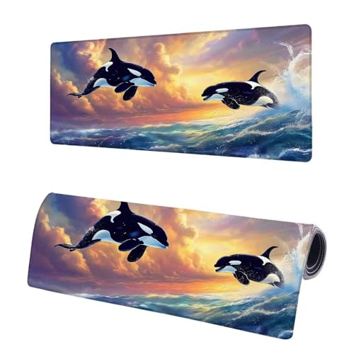 Mauspad XXL 1400x600x3mm, Große Wolke Mousepad Schreibtischunterlage, Gaming Mauspad Delphin, rutschfeste Gummibasis Tischunterlage Schreibtisch, Mouse Pad mit Vernähten Kanten Für Home Office V-4 von JIAGUANG