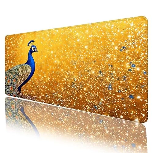 Beige Mousepad XXL 800 x 300 x 3 mm, Mauspad Pfau Motiv Vernähte Kanten Design, Schreibtischunterlage mit Rutschfeste Gummibasis, Groß Mouse Pad für Home Zimmer Office Deko, Geschenke für Frauen H-439 von JIANFREY