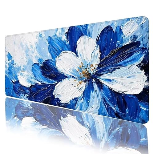 Blau Mousepad XXL 800 x 300 x 3 mm, Mauspad Blume Motiv Vernähte Kanten Design, Schreibtischunterlage mit Rutschfeste Gummibasis, Groß Mouse Pad für Home Zimmer Office Deko, Geschenke für Frauen H-629 von JIANFREY