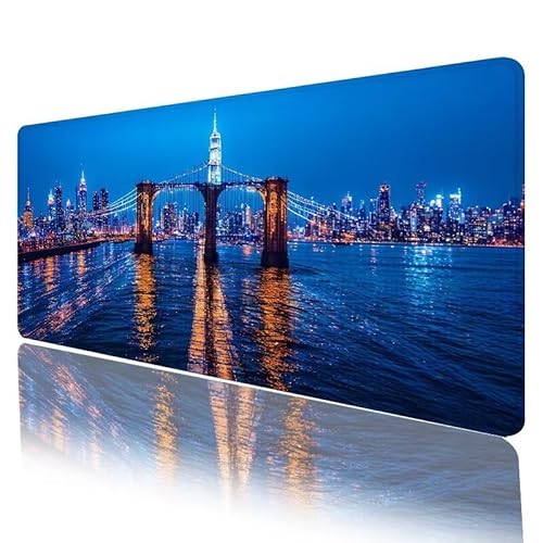 Blau Mousepad XXL 900 x 400 x 5 mm, Mauspad Brücke Motiv Vernähte Kanten Design, Schreibtischunterlage mit Rutschfeste Gummibasis, Groß Mouse Pad für Home Zimmer Office Deko, Geschenke für Frauen H850 von JIANFREY