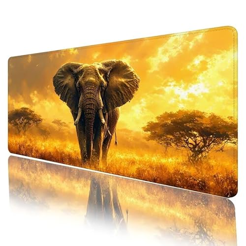 Elefant Mousepad XXL 900 x 400 x 5 mm, Mauspad Landschaft Motiv Vernähte Kanten Schreibtischunterlage mit rutschfeste Gummibasis, Groß Mouse Pad für Home Office Deko, Geschenke für Frauen H-1018 von JIANFREY