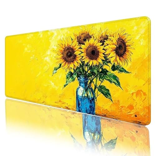 Gelb Mousepad XXL 1200 x 600 x 3 mm, Mauspad Sonnenblume Motiv Vernähte Kanten Design, Schreibtischunterlage mit Rutschfeste Gummibasis, Groß Mouse Pad für Home Office Deko, Geschenke für Frauen H-888 von JIANFREY