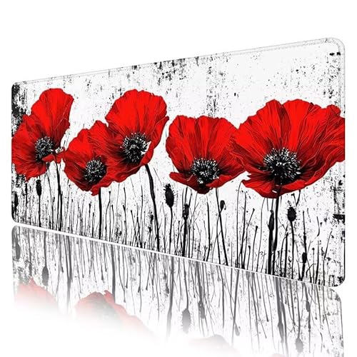 Mauspad Rot Mousepad XXL 800 x 300 x 3 mm Groß Gaming Mauspad Mohn Schreibtischunterlage mit Vernähte Kanten, Anti-Rutsch Mouse Pad für PC, Laptop, für Home Zimmer Office Deko, Geschenke H-1006 von JIANFREY