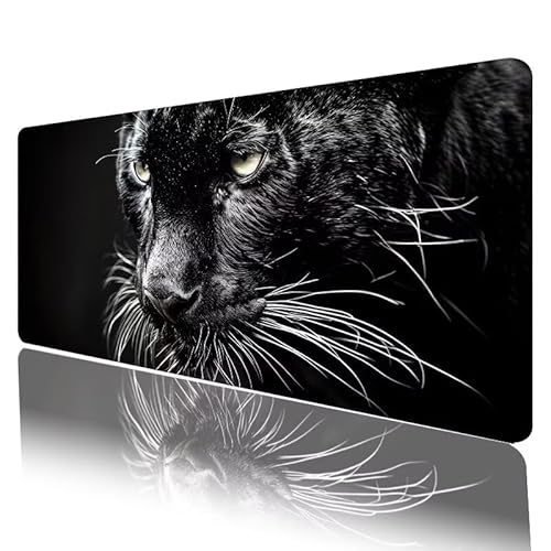 Schwarz Mousepad XXL 900 x 400 x 5 mm, Mauspad Leopard Motiv Vernähte Kanten Design, Schreibtischunterlage mit rutschfeste Gummibasis, Groß Mouse Pad für Home Office Deko, Geschenke für Frauen H-160 von JIANFREY