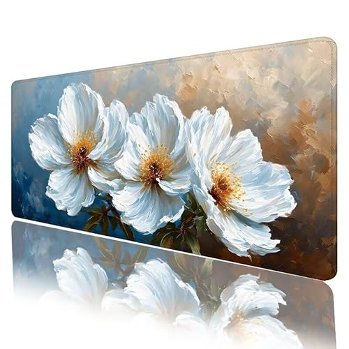 Weiß Mousepad XXL 1200 x 600 x 3 mm, Mauspad Blume Motiv Vernähte Kanten Design, Schreibtischunterlage mit rutschfeste Gummibasis, Groß Mouse Pad für Home Zimmer Office Deko, Geschenke für Frauen H-6 von JIANFREY