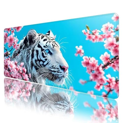 Mauspad Weiß Mousepad XXL 800 x 300 x 3 mm Groß Gaming Mauspad Tiger Schreibtischunterlage mit Vernähte Kanten, Anti-Rutsch Mouse Pad für PC, Laptop, für Home Zimmer Office Deko, Geschenke H-502 von JIANFREY