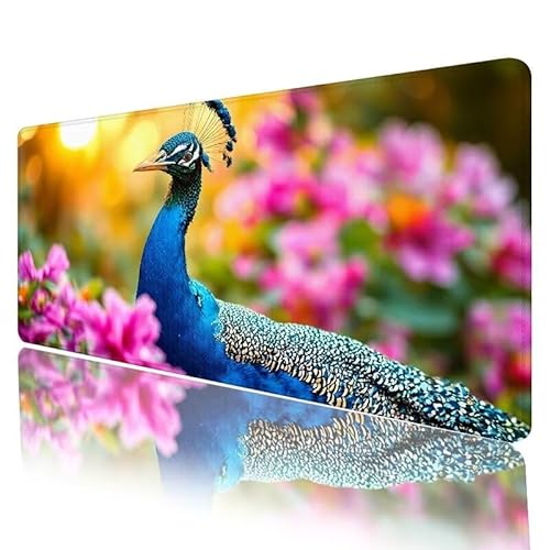 Pfau Mousepad XXL 900 x 400 x 5 mm, Mauspad Tier Motiv Vernähte Kanten Design, Schreibtischunterlage mit rutschfeste Gummibasis, Groß Mouse Pad für Home Zimmer Office Deko, Geschenke für Frauen H-396 von JIANFREY