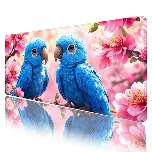 Rosa Mousepad XXL 800 x 300 x 3 mm, Mauspad Blauer Vogel Motiv Vernähte Kanten Design, Schreibtischunterlage mit Rutschfeste Gummibasis, Groß Mouse Pad für Home Office Deko, Geschenke für Frauen H-317 von JIANFREY