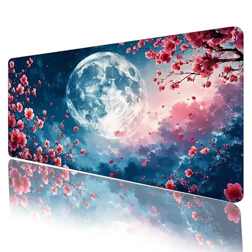 Rote Blume Mousepad XXL 800 x 300 x 3 mm, Mauspad Mond Motiv Vernähte Kanten Design, Schreibtischunterlage mit rutschfeste Gummibasis, Groß Mouse Pad für Home Office Deko, Geschenke für Frauen H-937 von JIANFREY