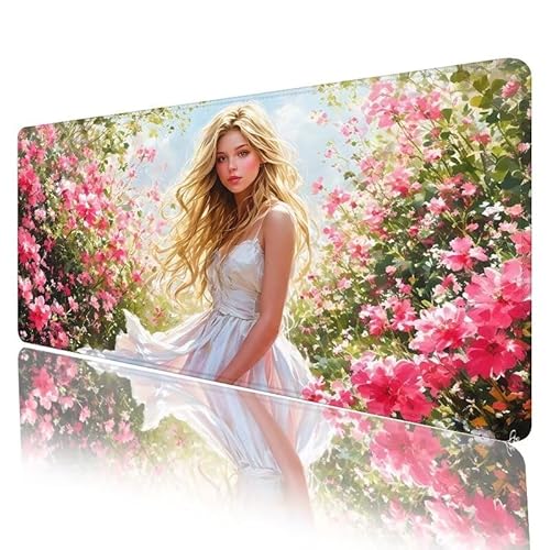 Schönheit Mousepad XXL 800 x 300 x 3 mm, Mauspad Rosa Motiv Vernähte Kanten Design, Schreibtischunterlage mit rutschfeste Gummibasis, Groß Mouse Pad für Home Office Deko, Geschenke für Frauen H-599 von JIANFREY