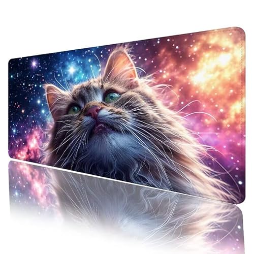 Sternenhimmel Mousepad XXL 900 x 400 x 5 mm, Mauspad Katze Motiv Vernähte Kanten Schreibtischunterlage mit rutschfeste Gummibasis, Groß Mouse Pad für Home Office Deko, Geschenke für Frauen H-668 von JIANFREY