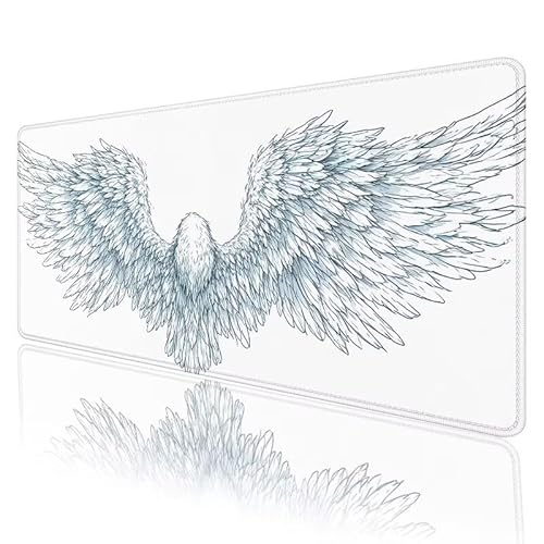 Weiß Mousepad XXL 1200 x 600 x 3 mm, Mauspad Flügel Motiv Vernähte Kanten Design, Schreibtischunterlage mit rutschfeste Gummibasis, Groß Mouse Pad für Home Office Deko, Geschenke für Frauen H-556 von JIANFREY