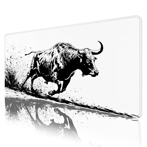 Weiß Mousepad XXL 800 x 300 x 3 mm, Mauspad Ochse Motiv Vernähte Kanten Design, Schreibtischunterlage mit Rutschfeste Gummibasis, Groß Mouse Pad für Home Zimmer Office Deko, Geschenke für Frauen H-461 von JIANFREY