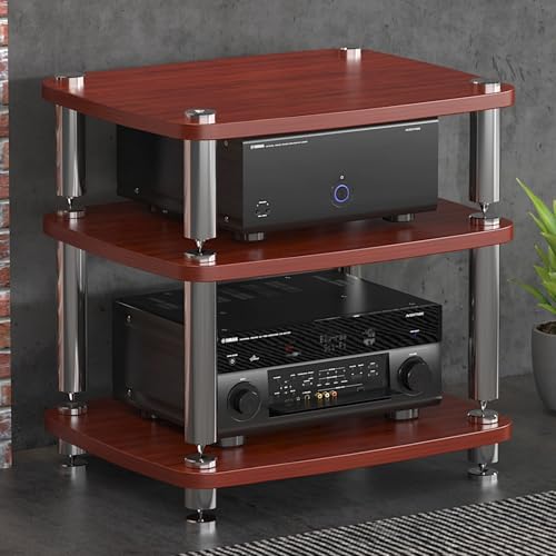 JIAOCKJIAO 1/2/3/4-stufiger Hi Fi Regal, Audio Rack mit Edelstahlbeinen, Offener Phonoschrank, Record Player Stand mit Stoßdämpfenden Füßen, TV Rack für DVD-Player(Brown,3 Tier 60x48x57cm) von JIAOCKJIAO