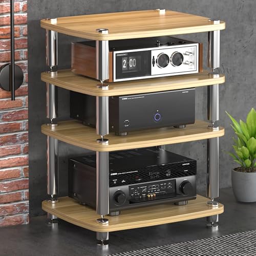 JIAOCKJIAO 1/2/3/4-stufiger Hi Fi Regal, Audio Rack mit Edelstahlbeinen, Offener Phonoschrank, Record Player Stand mit Stoßdämpfenden Füßen, TV Rack für DVD-Player(Natural,4 Tier 60x48x76cm) von JIAOCKJIAO