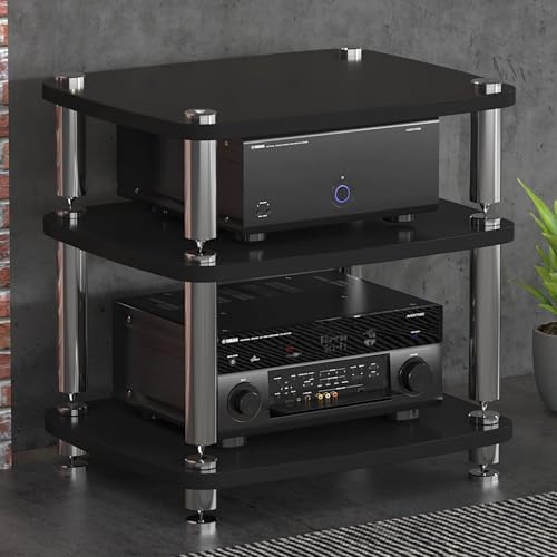 JIAOCKJIAO 1/2/3/4-stufiger Hi Fi Regal, Audio Rack mit Edelstahlbeinen, Offener Phonoschrank, Record Player Stand mit Stoßdämpfenden Füßen, TV Rack für DVD-Player(Nero,3 Tier 60x48x57cm) von JIAOCKJIAO