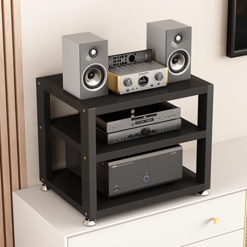 JIAOCKJIAO 3/4-stufiges Audio Rack Hi Fi Regal, Record Player Stand, Schwarzer Phonoschrank, Multifunktionales Lagerregal, Offener Plattenspieler Regal, mit Fußpolstern(3 Tier 50x35x42.5CM) von JIAOCKJIAO