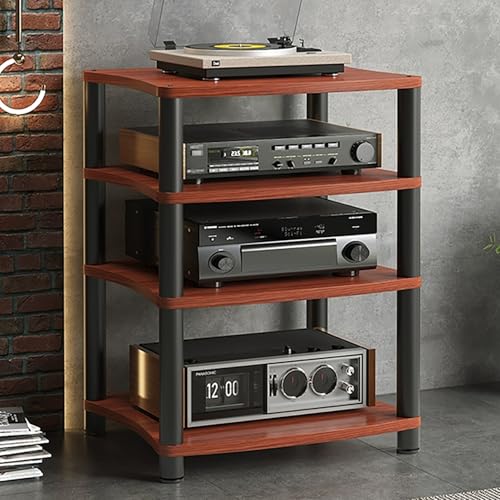 JIAOCKJIAO AV Video Audio Rack, Offenes Hi Fi Regal, Record Player Stand, Metallrahmen aus Kohlenstoffstahl, Phonoschrank mit Verstellbaren Fußpolstern(Brown,4 Tier 60x48x88CM) von JIAOCKJIAO