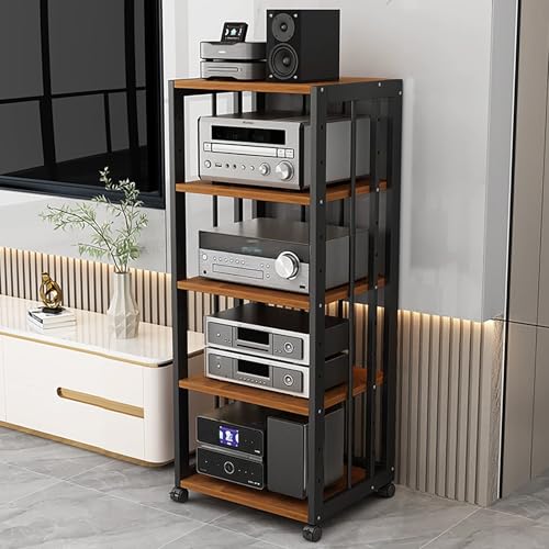 JIAOCKJIAO Audio Rack Hi Fi Regal, Beweglicher Phonoschrank, Record Player Stand mit Verstellbaren Regalen, Offener Plattenspieler Regal, mit Universalrad, Stahlrahmen(Black+Brown,5 Tier 50x40x109cm) von JIAOCKJIAO