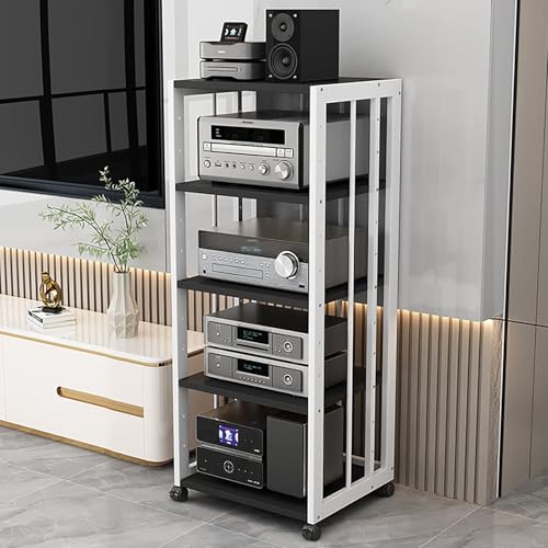 JIAOCKJIAO Audio Rack Hi Fi Regal, Beweglicher Phonoschrank, Record Player Stand mit Verstellbaren Regalen, Offener Plattenspieler Regal, mit Universalrad, Stahlrahmen(White+Black,5 Tier 50x40x109cm) von JIAOCKJIAO