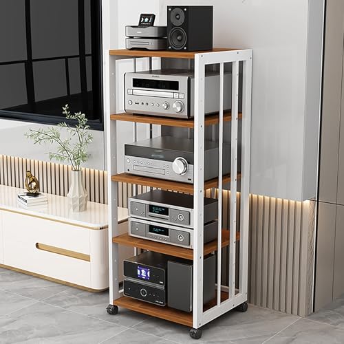 JIAOCKJIAO Audio Rack Hi Fi Regal, Beweglicher Phonoschrank, Record Player Stand mit Verstellbaren Regalen, Offener Plattenspieler Regal, mit Universalrad, Stahlrahmen(White+Brown,5 Tier 50x40x109cm) von JIAOCKJIAO