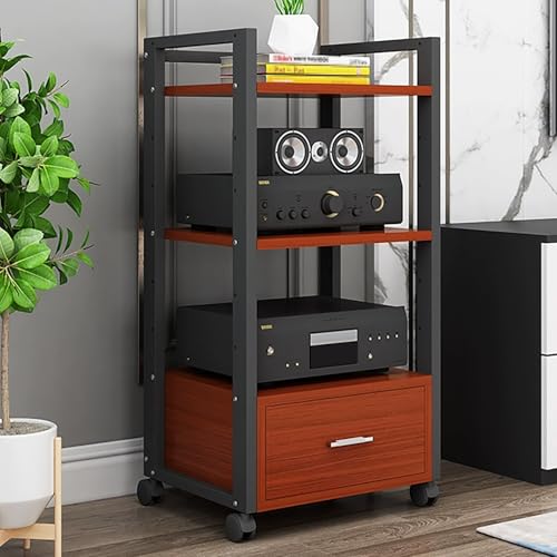 JIAOCKJIAO Audio Rack Hi Fi Regal, Bewegliches Record Player Stand mit Rädern, Stereo Schrank Phonoschrank mit Schublade, Stabiler Stahlrahmen, mit Verstellbaren Regalen(Brown,3 Tier 50x40x100CM) von JIAOCKJIAO