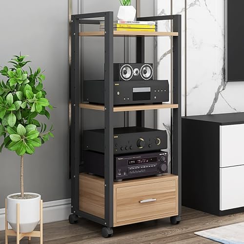 JIAOCKJIAO Audio Rack Hi Fi Regal, Bewegliches Record Player Stand mit Rädern, Stereo Schrank Phonoschrank mit Schublade, Stabiler Stahlrahmen, mit Verstellbaren Regalen(Natural,3 Tier 50x40x120CM) von JIAOCKJIAO