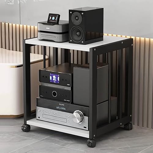 JIAOCKJIAO Audio Rack Hi Fi Regal, Hi Fi Rack mit Verstellbaren Regalen, Beweglicher Phonoschrank, Stabile Stahlrahmenkonstruktion, für DVD-Player, Projektor, TV-Zubehör(Black+White,2 tier 50x40x49CM) von JIAOCKJIAO