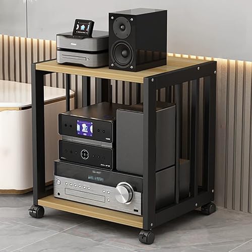 JIAOCKJIAO Audio Rack Hi Fi Regal, Phonoschrank mit Verstellbaren Regalen, Bewegliches Record Player Stand, Stereoschrank, Stahlrahmen, Tragkraft 200 Kg(Black+Natural,2 Tier 50x40x49cm) von JIAOCKJIAO