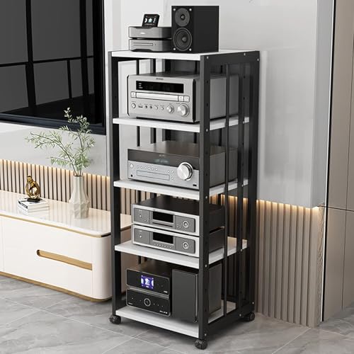 JIAOCKJIAO Audio Rack Hi Fi Regal, Phonoschrank mit Verstellbaren Regalen, Bewegliches Record Player Stand, Stereoschrank, Stahlrahmen, Tragkraft 200 Kg(Black+White,5 Tier 50x40x109cm) von JIAOCKJIAO