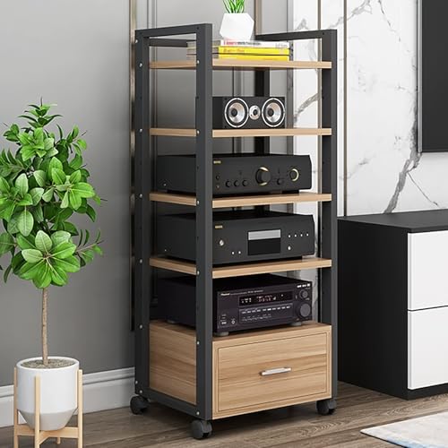 JIAOCKJIAO Audio Rack Hi Fi Regal, Record Player Stand mit Schublade, Phonoschrank mit Verstellbaren Regalen, Plattenspieler Regal mit Rädern, Stabiler Stahlrahmen(Natural,5 Tier 50x40x120CM) von JIAOCKJIAO