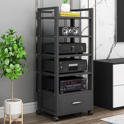 JIAOCKJIAO Audio Rack Hi Fi Regal, Record Player Stand mit Schublade, Phonoschrank mit Verstellbaren Regalen, Plattenspieler Regal mit Rädern, Stabiler Stahlrahmen(Nero,5 Tier 50x40x120CM) von JIAOCKJIAO