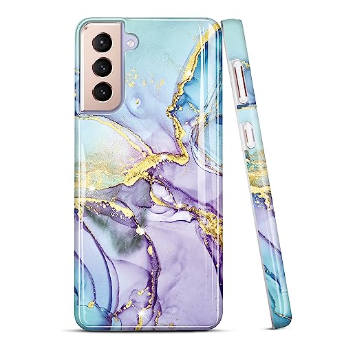 JIAXIUFEN Galaxy S21 Hülle Handyhülle TPU Silikon Weiche Schlank Schutzhülle Handytasche Flexibel Case Handy Hülle für Samsung Galaxy S21 5G - Marmor Glitter Purple Blue von JIAXIUFEN