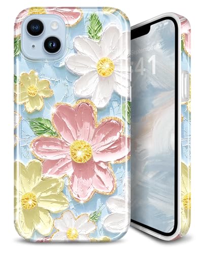 JIAXIUFEN Schutzhülle für iPhone 14, iPhone 13, Glitzer, Retro-Ölgemälde, Blumendesign, dünn, stoßfest, TPU, weiches Silikon, Blau/Rosa von JIAXIUFEN